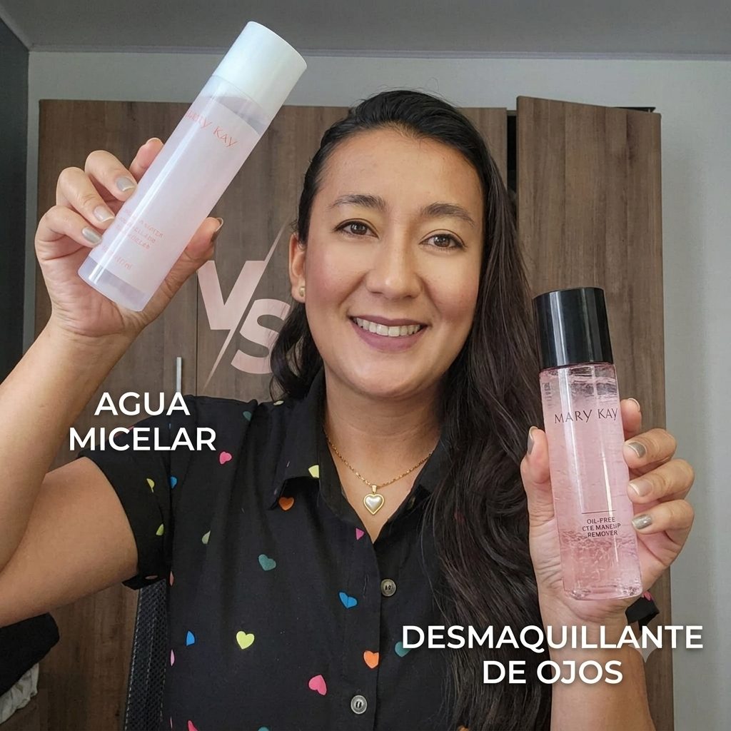Mafe Morales mostrando el agua micelar y el desmaquillante de ojos de Mary Kay, dos tipos de desmaquillante