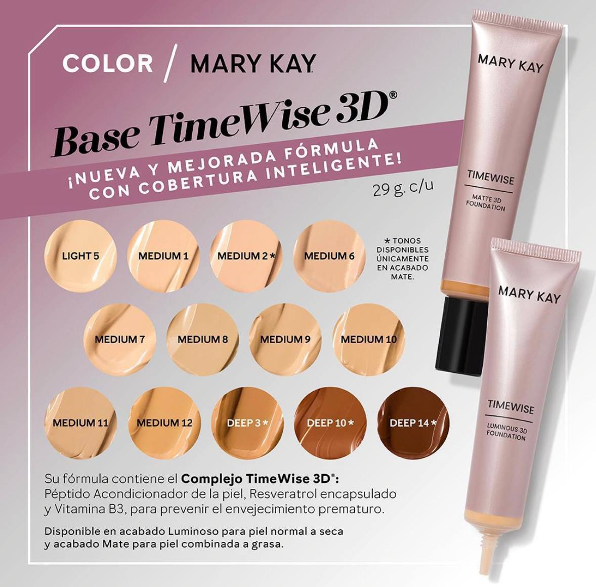 Base TimeWise 3D Mary Kay en acabado Matte 3D y Luminous 3D con su carta de tonos, de Light 5 a Deep 14