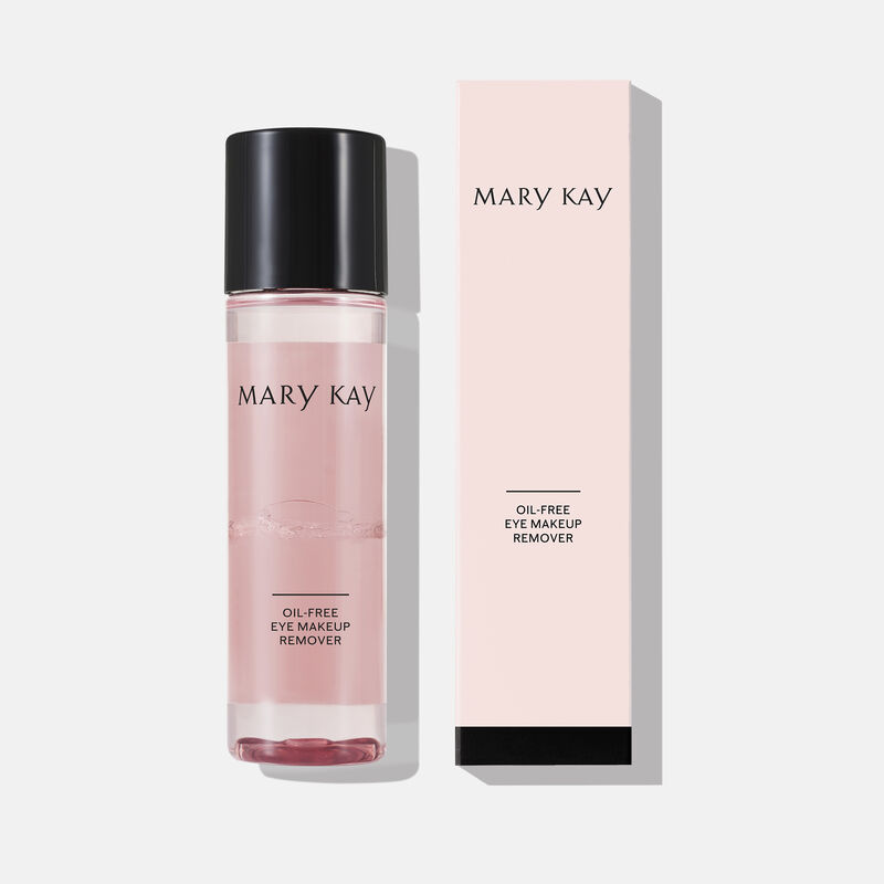 Desmaquillante de ojos bifásico Mary Kay con su empaque rosa, complemento ideal del agua micelar