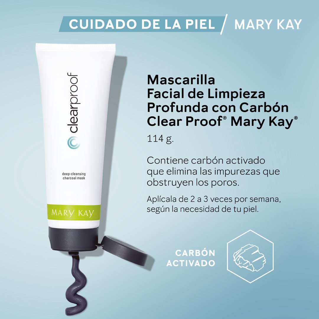 Mascarilla Facial de Limpieza Profunda con Carbón Clear Proof Mary Kay de 114 g, tubo blanco con textura gris de carbón activado saliendo del envase